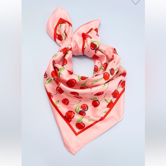Pink Cherry Print Silky Feel Bandana Scarf - Picture 1 of 4